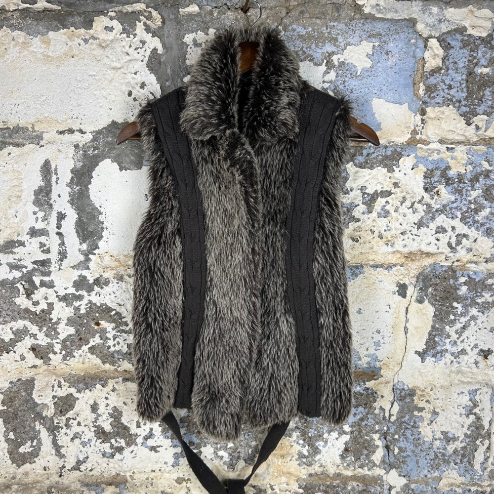 XOXO Faux Fur Vest Brown Ribbed Knit Mixed Media Belted Womens Medium